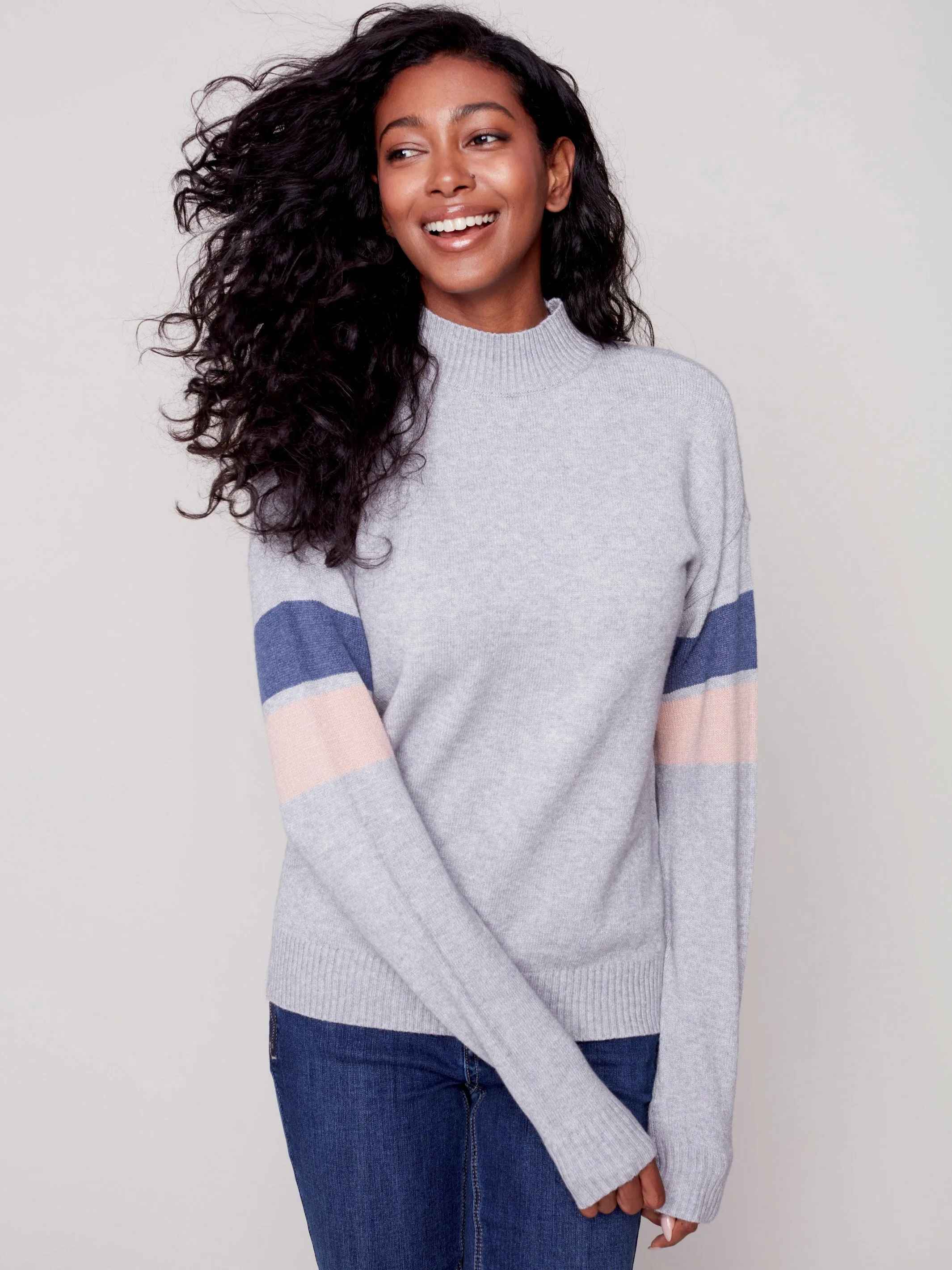 Mock Neck Sweater with Smiley Stitching - Grey