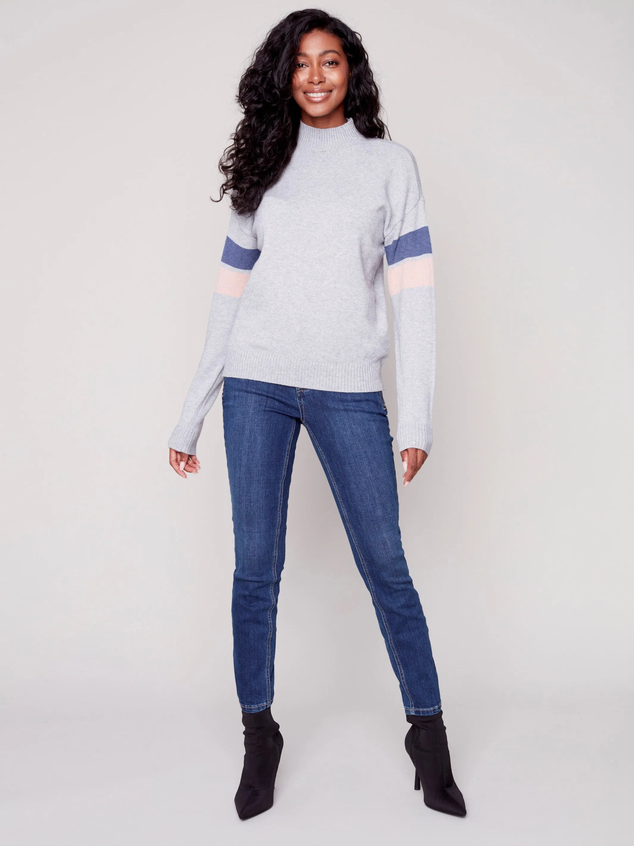 Mock Neck Sweater with Smiley Stitching - Grey