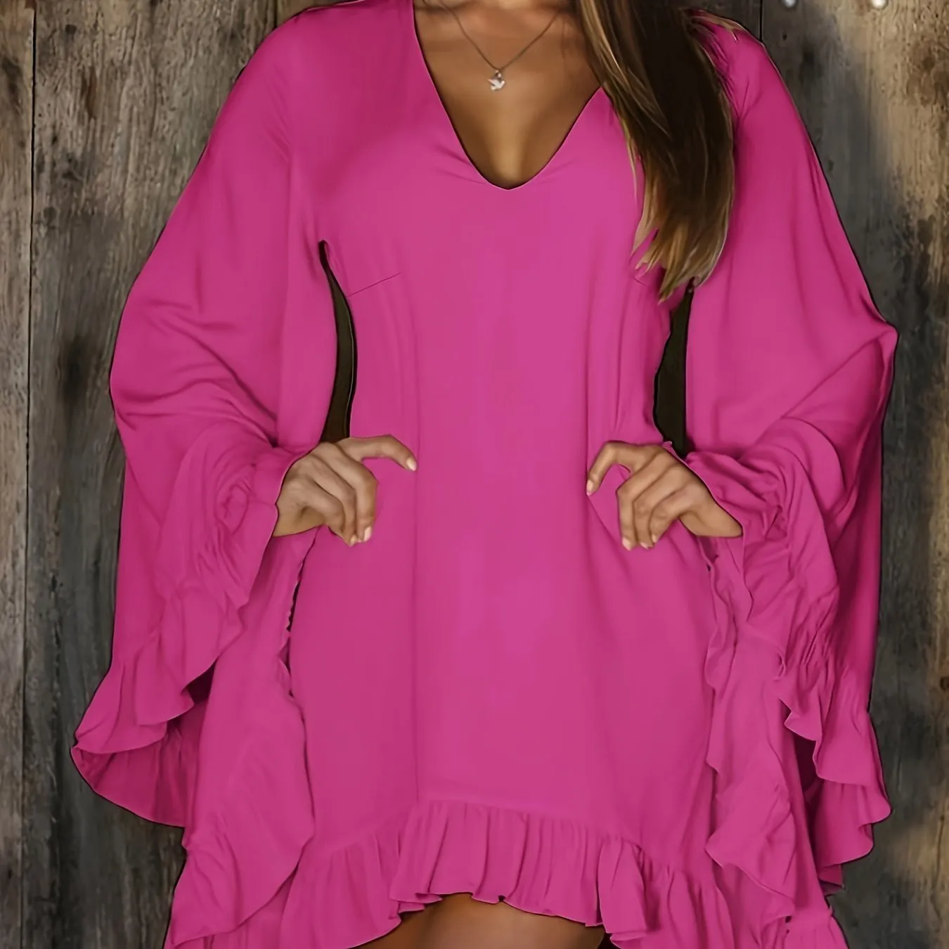 Plus Size V Neck Ruffle Dress - Flattering Solid Color, Long Sleeve Casual Style - Perfect for Spring & Fall - Curvy Womens Fashion