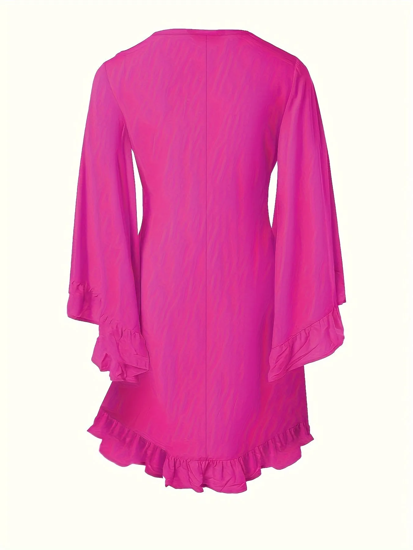 Plus Size V Neck Ruffle Dress - Flattering Solid Color, Long Sleeve Casual Style - Perfect for Spring & Fall - Curvy Womens Fashion
