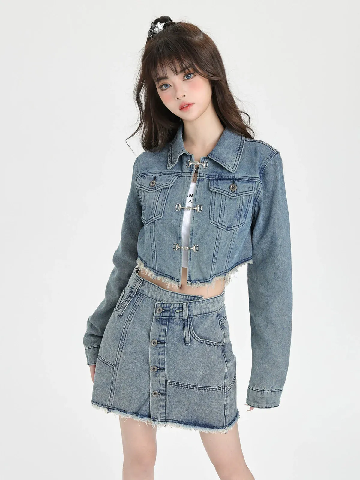 Retro Jacket Skirt Denim   Short American