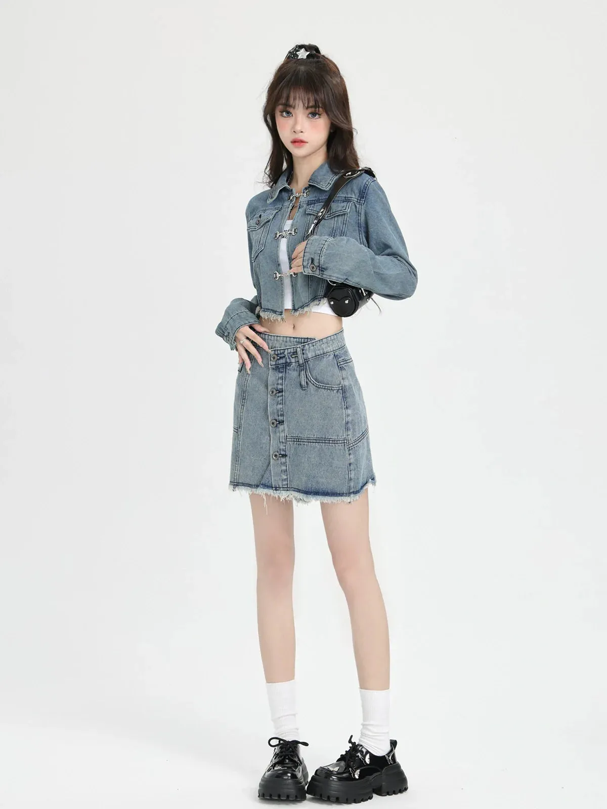 Retro Jacket Skirt Denim   Short American