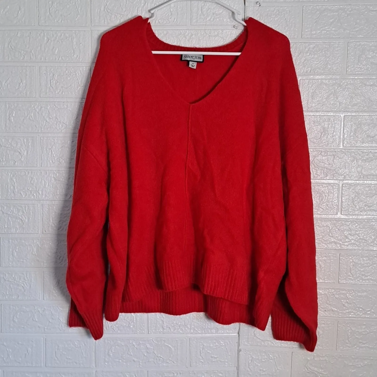 Sam & Jess V Neck Cozy Sweater Bright Cherry XL