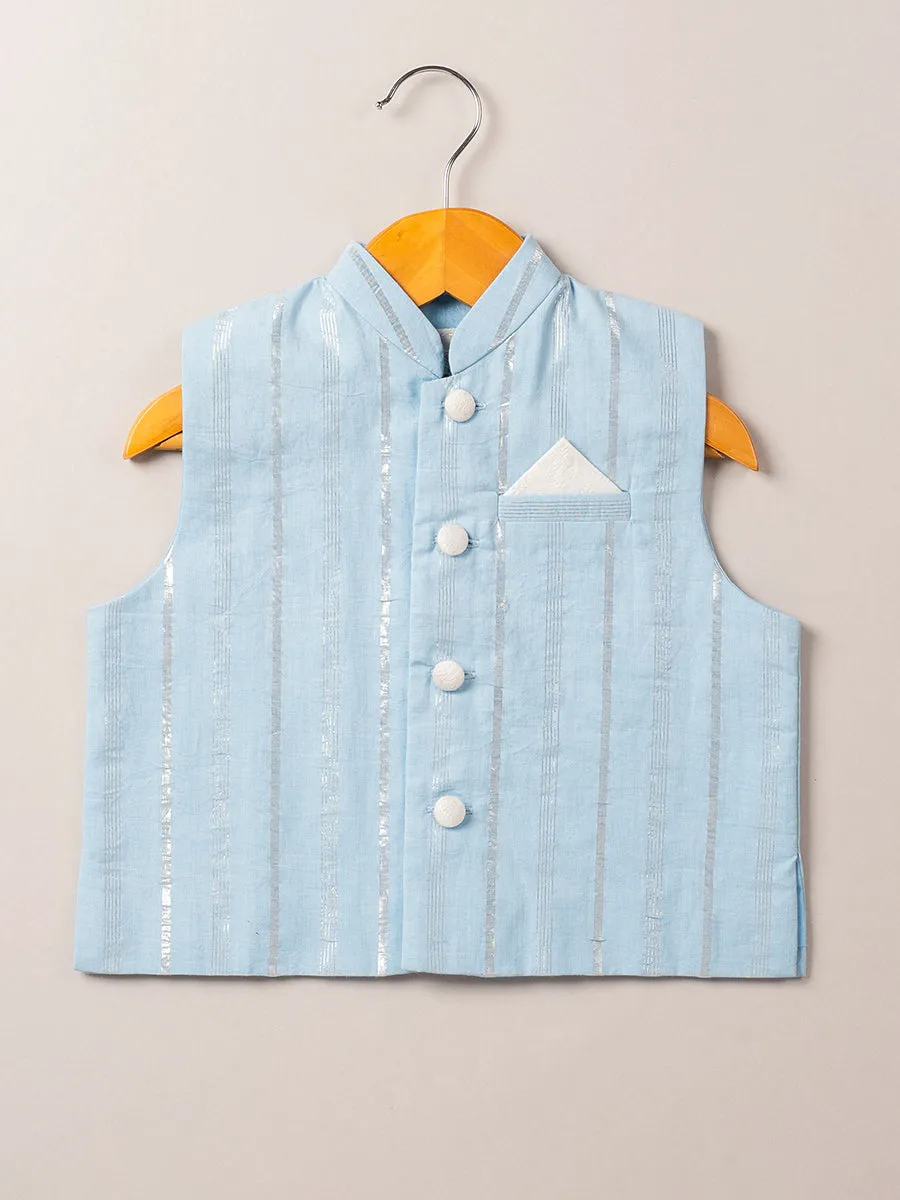 Sky Blue Chanderi Bandi & Satin Linen Kurta Set with Pajama