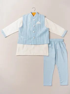 Sky Blue Chanderi Bandi & Satin Linen Kurta Set with Pajama