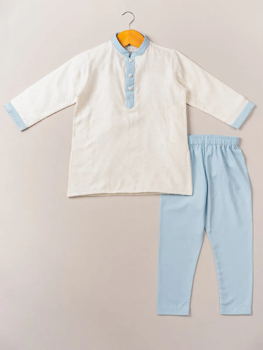Sky Blue Chanderi Bandi & Satin Linen Kurta Set with Pajama