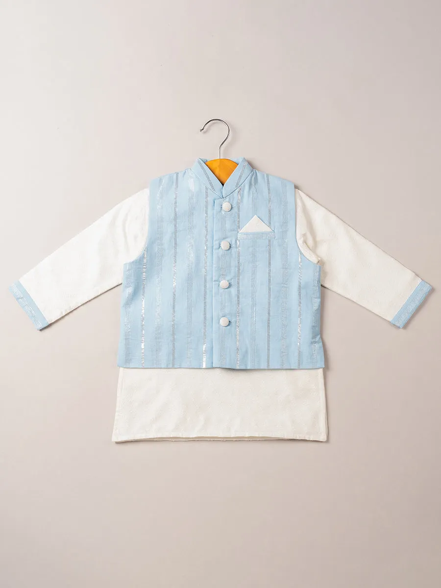 Sky Blue Chanderi Bandi & Satin Linen Kurta Set with Pajama