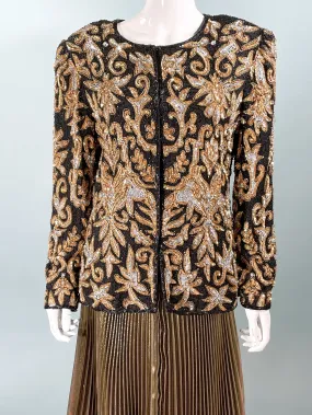 SOLD VTG 80s Laurence Kazar Black/Gold/Silver Heavily Beaded Sequin Jacket L