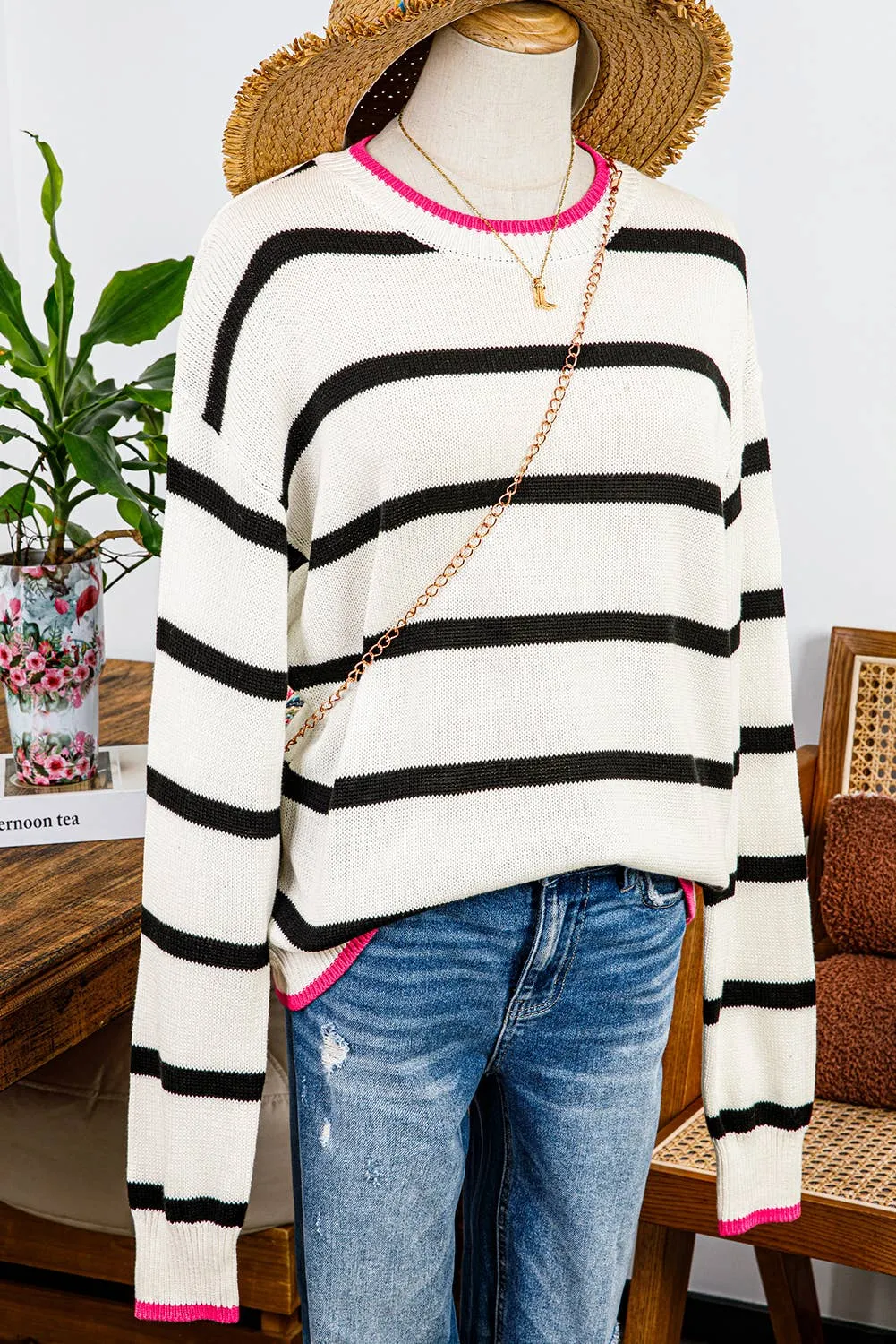 Stripe Contrast Drop Shoulder Sweater