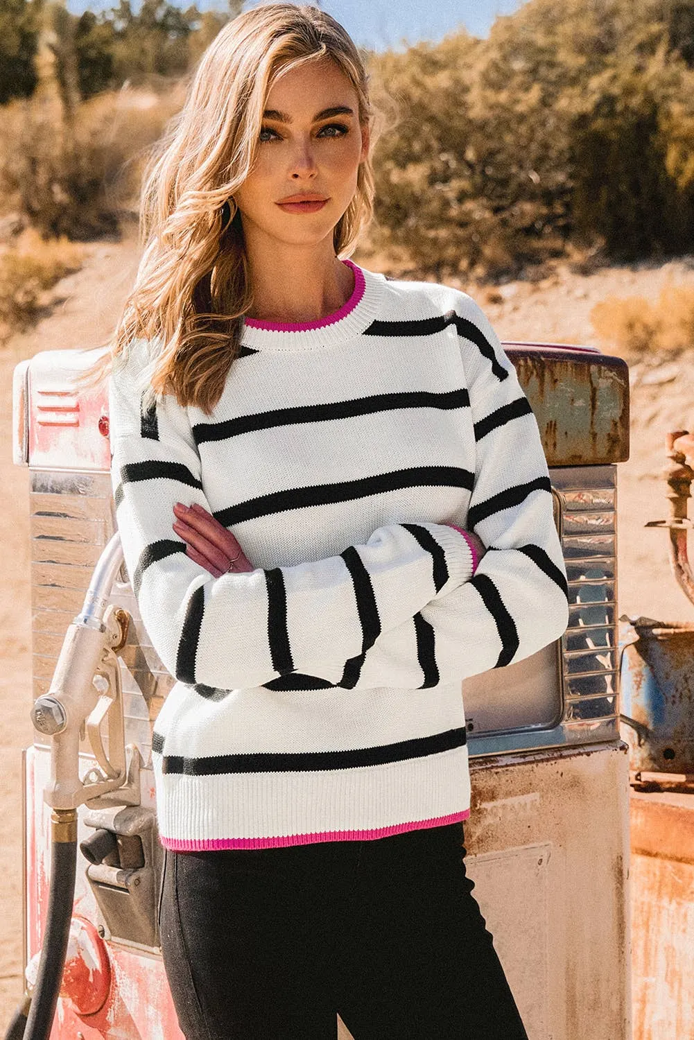 Stripe Contrast Drop Shoulder Sweater