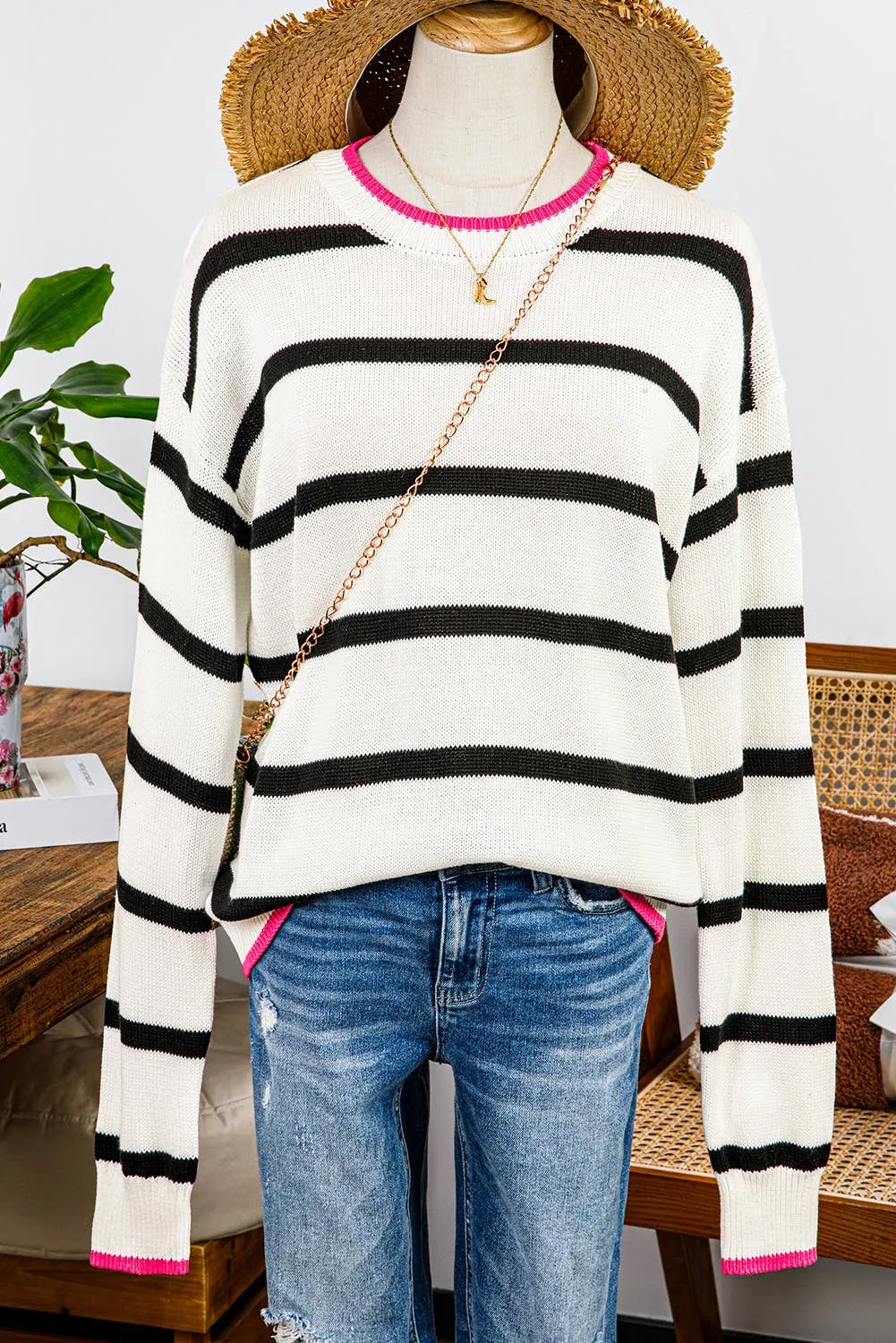 Stripe Contrast Drop Shoulder Sweater