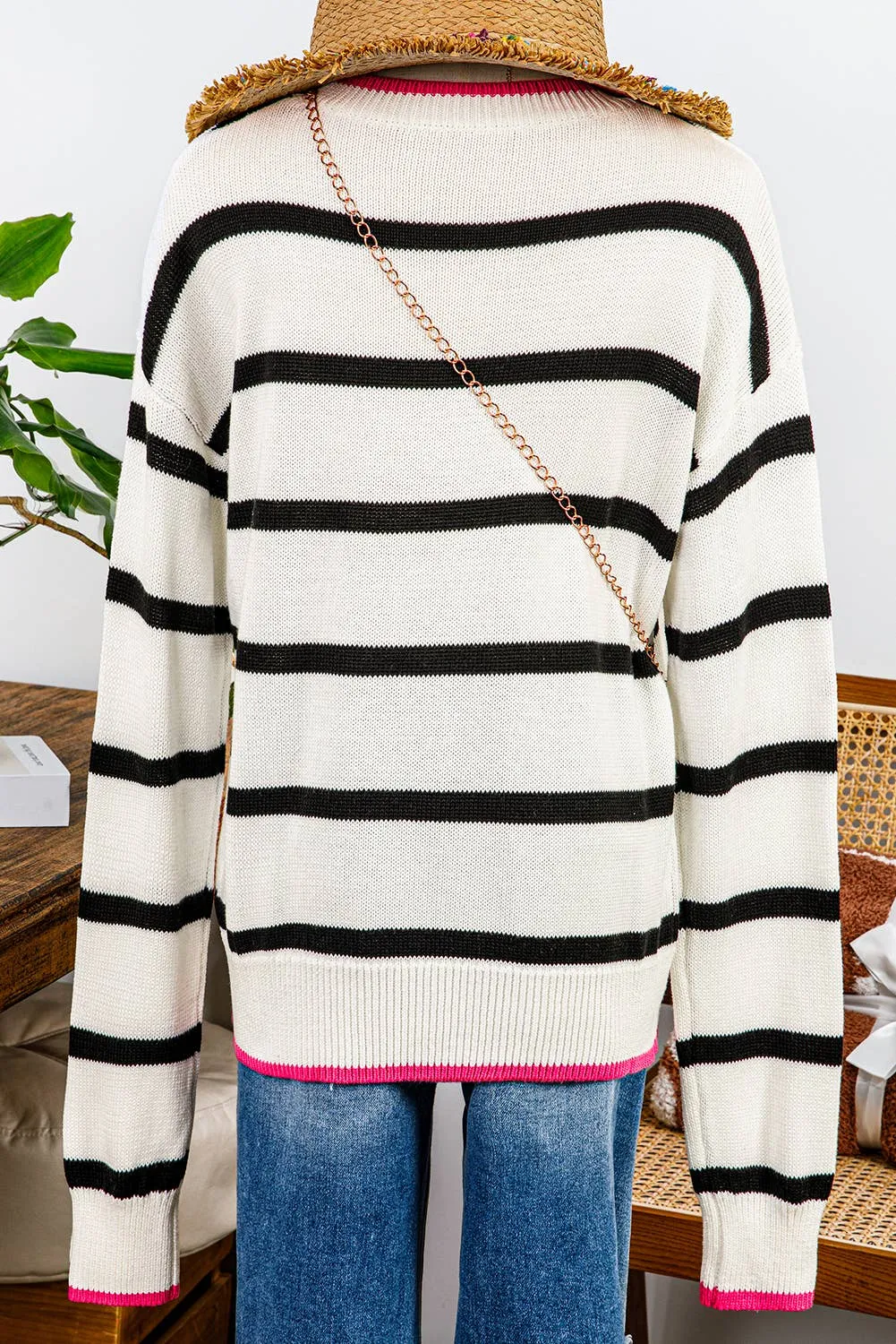 Stripe Contrast Drop Shoulder Sweater