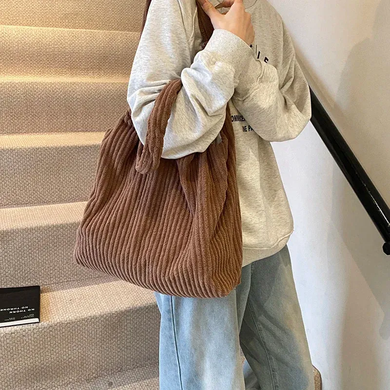 UAKISS  -  Soft Large Corduroy Handbags for Women 2024 Winter New Y2K Korean Fashion Travel Shoulder Bag Casual Style Tote Bag