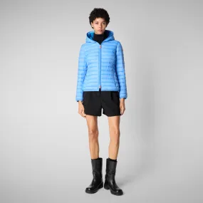 Woman's animal free hooded puffer jacket Daisy in cerulean blue